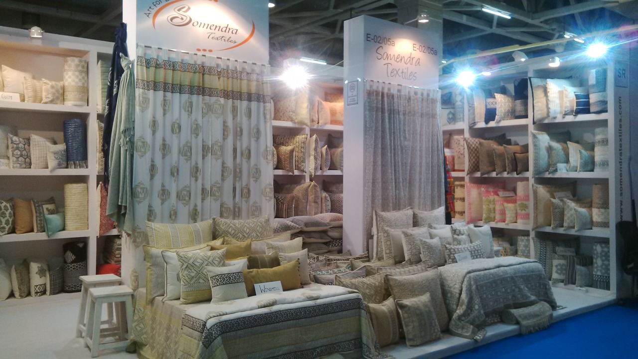 Somendra Textiles display of bed linen, cushions and curtains